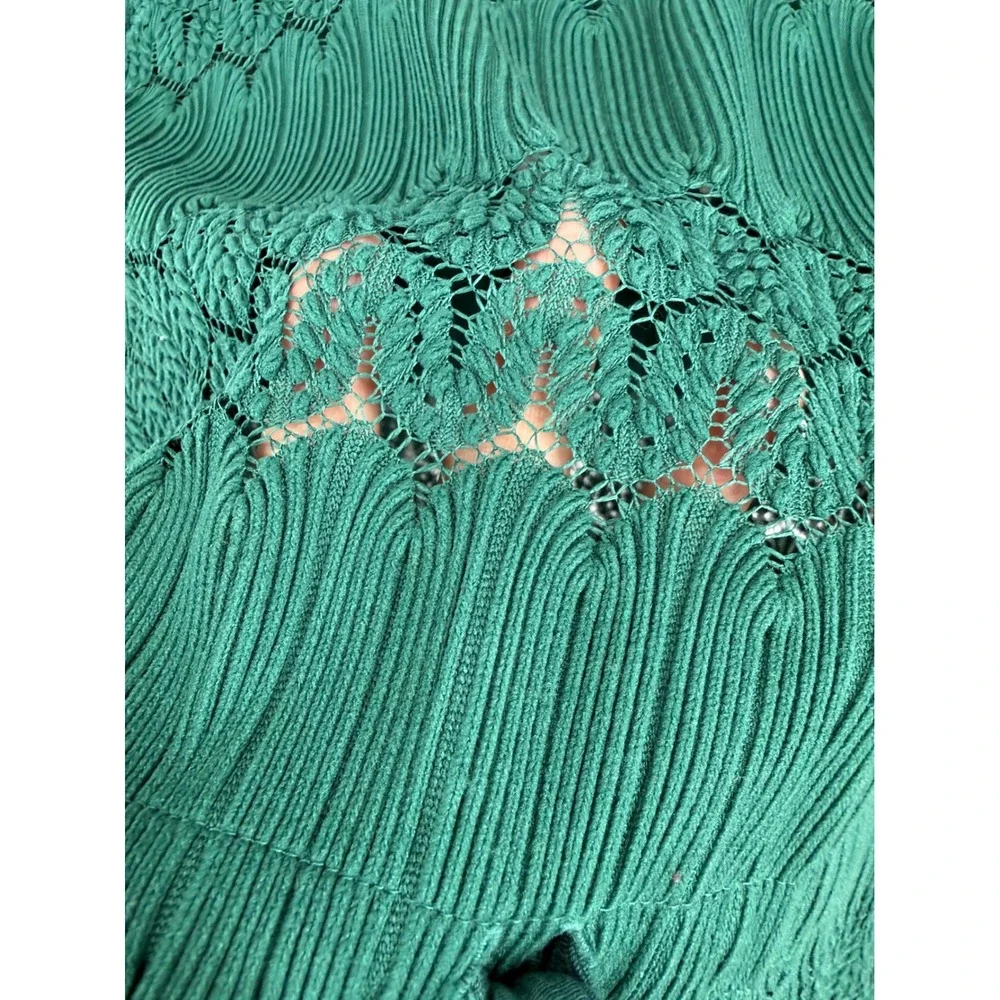 Free People Fire Island Crochet Knit Top XS Teal Green Lace Boho Peplum Blouse